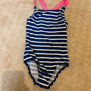 Mini Boden Navy and White Striped Swimsuit with Pink Straps